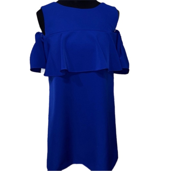 Tahari Blue Cold Shoulder Flutter Sleeve Mini Dress - Picture 1 of 5